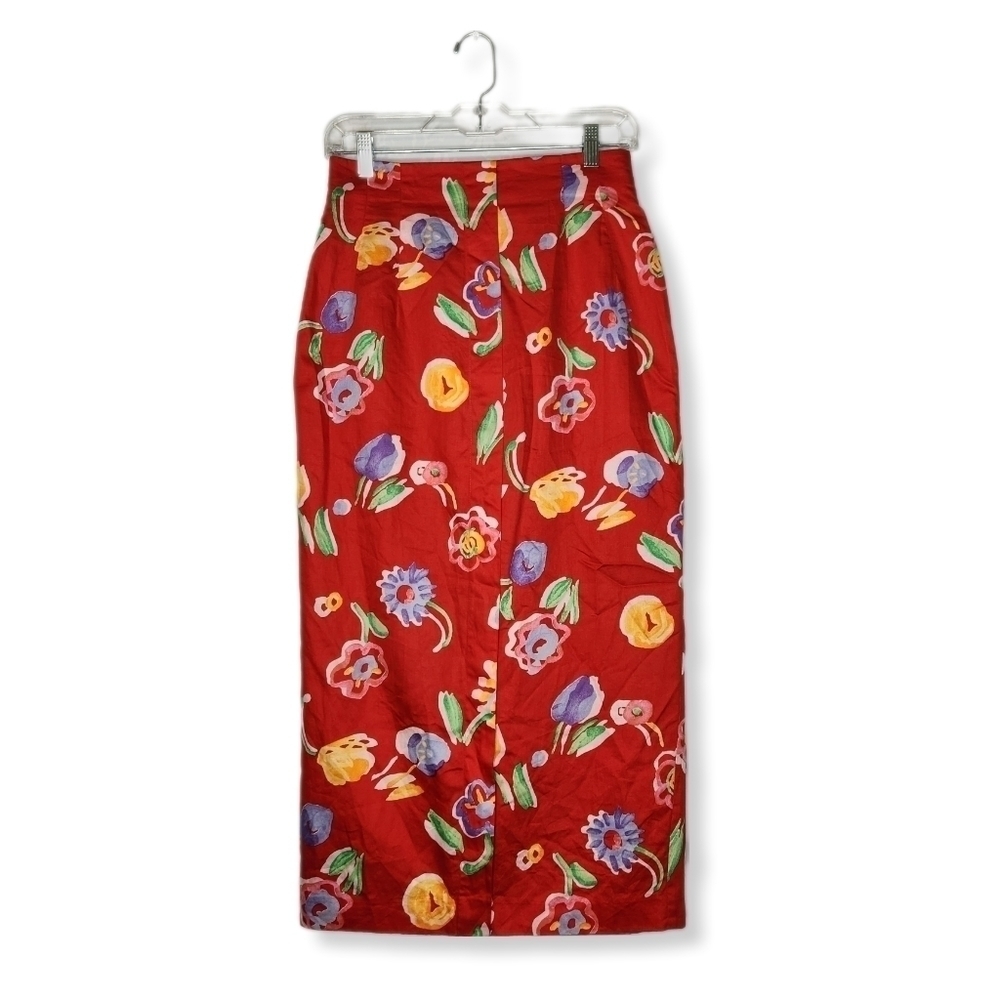 VINTAGE 90s Bright Red Floral Tulip Pencil Midi Skirt Size 8